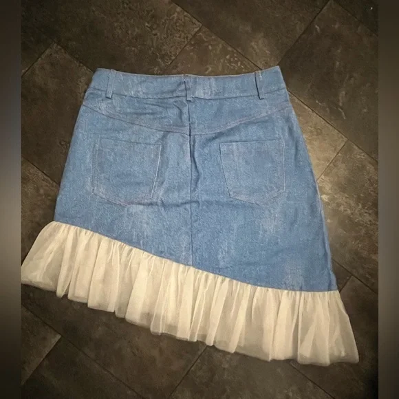 Like New! SHEIN X light blue denim skirt with an asymmetrical white ruffled hem - Picture 2 of 3